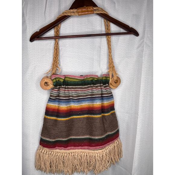 Vtg Style Boho Shoulder Bag Striped Multicolored Fringed Wood Accent Jute Straps - Picture 4 of 12